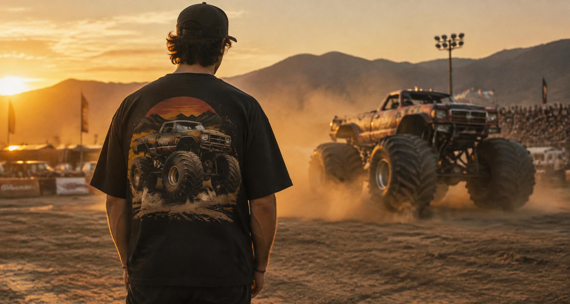 Person wearing a RARE STATE monster truck graphic tee at an off-road racing venue at golden hour